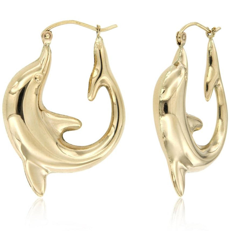 Yellow Gold Hollow Stamped Dolphin Hoop Earrings ER-20161